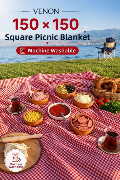 Pöti̇kareli̇ Patterned | | 150 X 150 | | Red and White Patterned Tablecloth Square Table Cover Picnic Cover Multi-Purpose Cover Durable Fabric Cotton Tablecloth | | Checkered Picnic Pattern Balcony Camping Kitchen Table