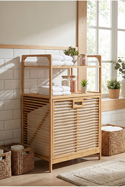 Robin Home Bambu Kirli Sepetli 2 Raflı Çok Amaçlı Banyo