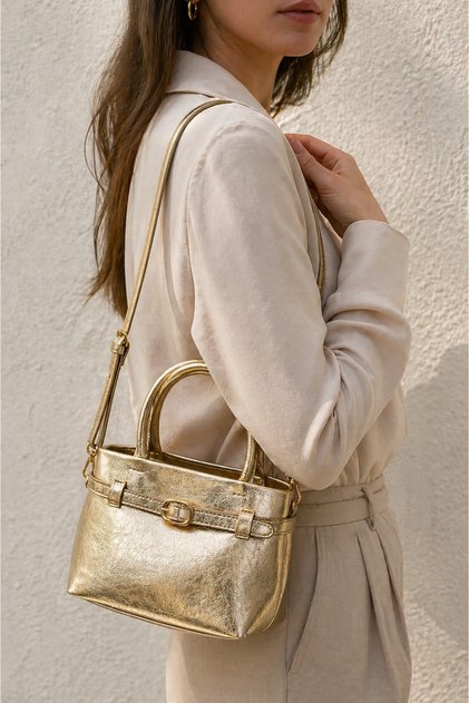 Gold Women's Hand & Shoulder Bag with Belt Detail – Stylish, Casual and Classic Design