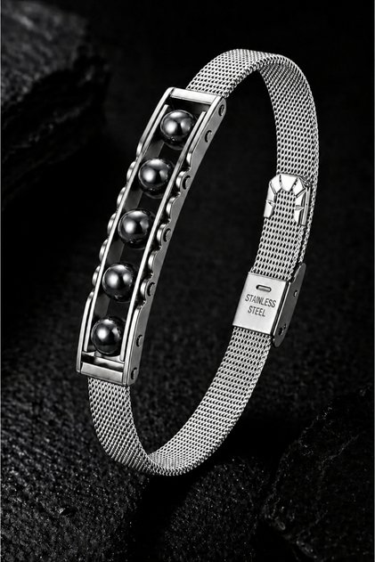 Stainless Steel Men's Bracelet with Hematite Stone Modern Design Woven Chain Stylish and Durable Bracelet