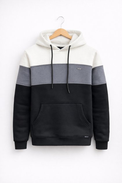 Erkek Slim Fit Renk Bloklu Kapüşonlu Sweatshirt Beyaz Edw438
