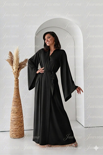 Juwana Black Silky Satin Dressing Gown - Wide Sleeves Stylish Design-  Trendyol