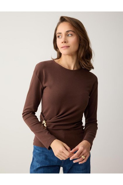 Brown Slim Fit Crew Neck Knitted Blouse with Gathered Waist