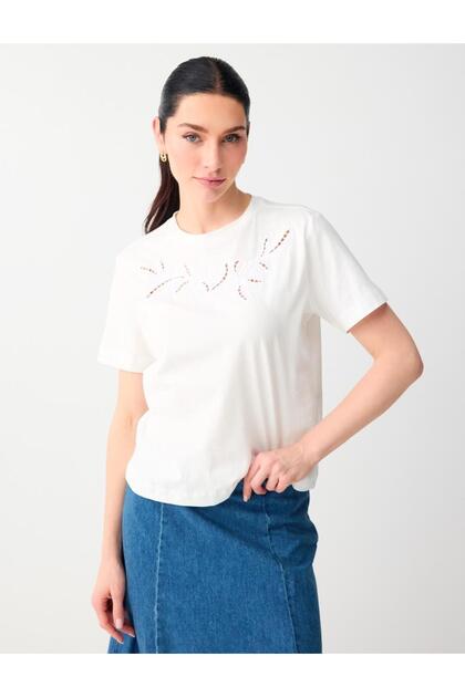 トップス kise Jimmy Key Siyah %100 Pamuk Bisiklet Yaka Çiçek Desenli Tişört