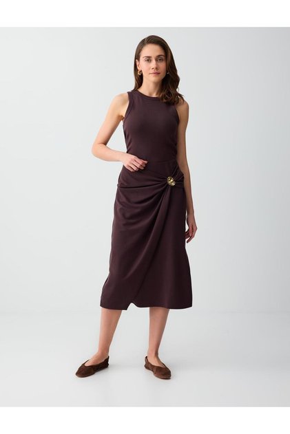 Bitter Brown Regular Waist Accessory Detailed Knitted Midi Skirt