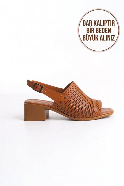 Genuine Leather Tan Short Heeled Women's Sandals Tmd 2025779