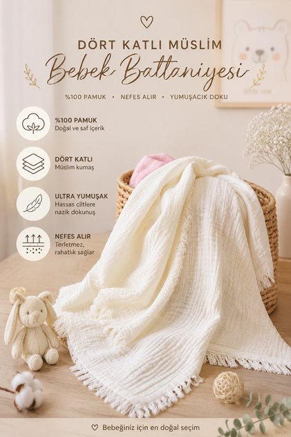 Baby Girl Boy Cream 4 Layer Tasseled Muslin Swaddle Blanket 110 cm Stl6956