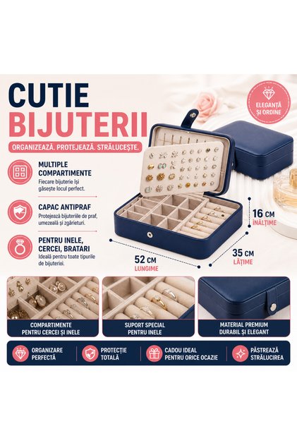 Cutie de depozitare pentru bijuterii, poliuretan, 16x11x5cm, albastră