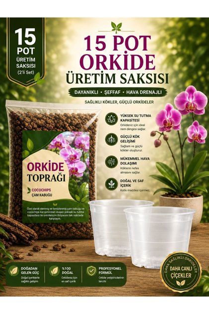 Orkide Toprağı 5 LİTRE Ve / 2 Adet 15 Pot Orkide Üretim Saksısı