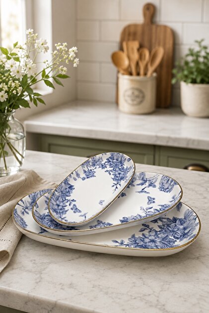 Blue Floral 3-Piece Ceramic Boat Serving Presentation Plate Set