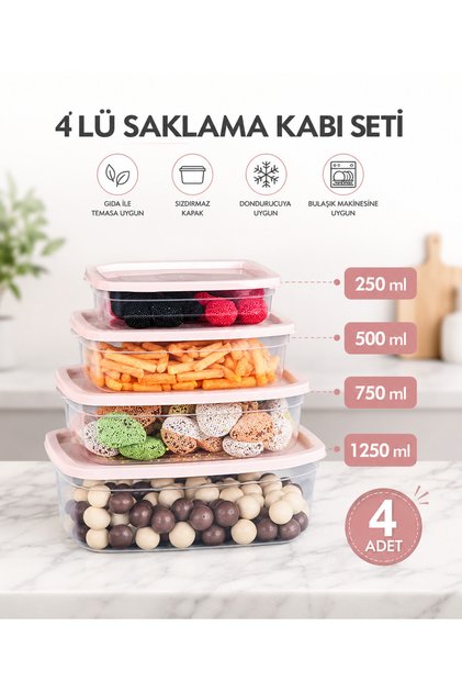 Keepo Dikdörtgen Saklama Kabı Seti 4 Lü Düzenleyici (250ml+500ml+750ml+1250ml)