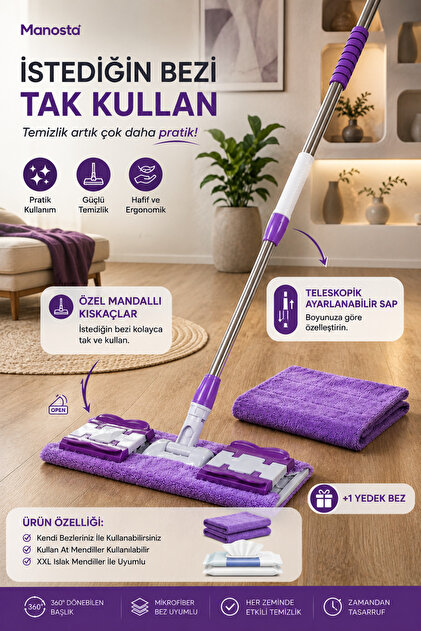3309 ウォニョン Purple ver. Mint ver. 8枚 Manosta (1 ADET YEDEK BEZ HEDİYE) Mikrofiber Mor Mandallı Mop. Yer