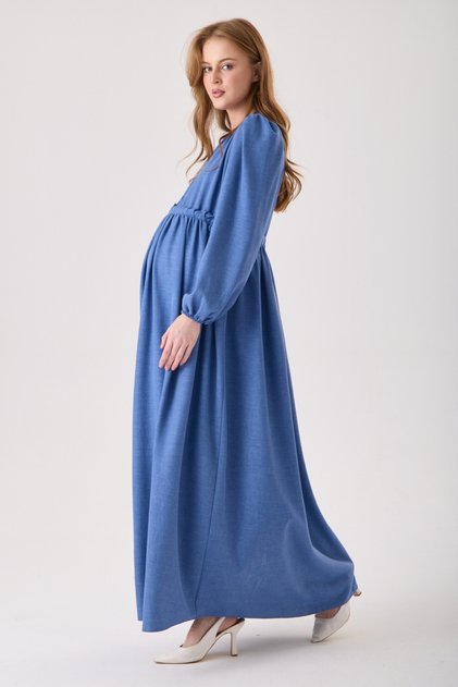 Maternity Blue Linen Dress with Lace Detail on the Sides and Front Opening Button (Nursing)