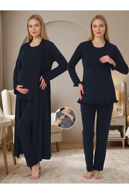 Women's Navy Blue Elegant Long Sleeve Maternity Pajama Set with Hidden Breastfeeding Feature