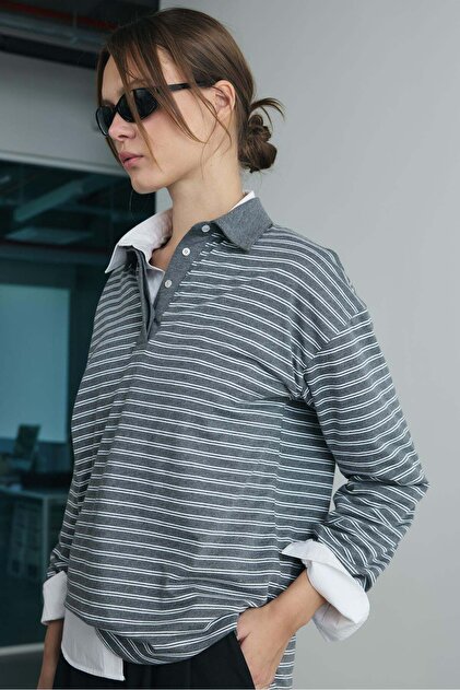 ★美品★Russeluno WIDE STRIPE POLO Suud Collection Gri Monroe Çizgili Polo Yaka Tişört - Fiyatı