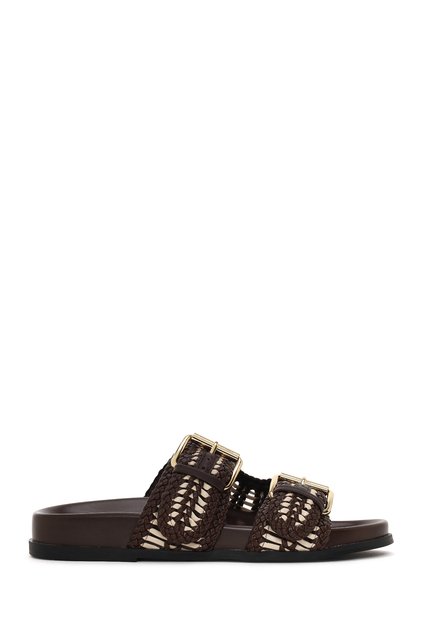 Women's Brown Double Buckle Braided Slippers 26Sfd441929