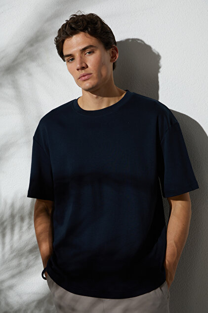 Unisex Oversize Geniş Kesim %100 Pamuk Yumuşak Dokulu Basic Bisiklet Yaka Lacivert Tişört
