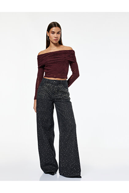 Normal Bel Bol Paça Taşlı Jean Pantolon - Loose Straight Fit Jean