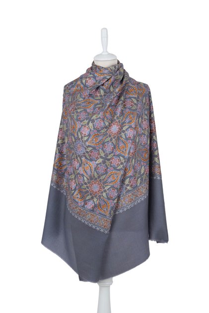 Gray Fully Embroidered Suzani Wool Shawl