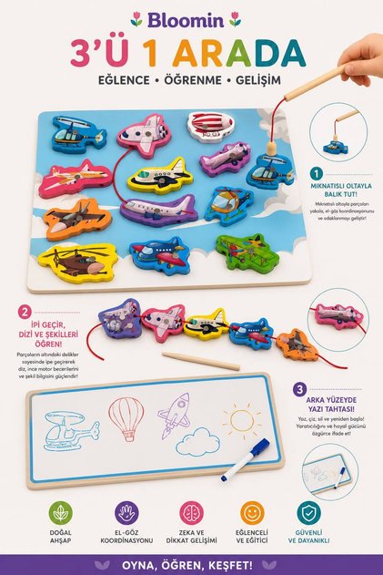 Fishing & Writing Board - Stringing Game Large Size (Pen Included) Erasable Writing Board Educational Wooden Children's Baby Toy