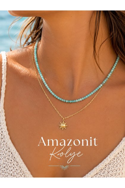 Amazonit Doğal Taş Kolye ( 4mm ) Küp Kesim