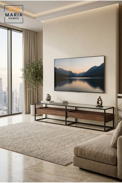 حامل تلفزيون عصري بسطح زجاجي مع مساحة تخزين من خشب الجوز وإطار معدني أسود - 160×40×45 سم
