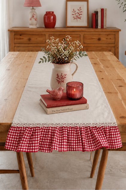 Checkered Ruffled Lace Detailed Raw Linen Runner 50X150