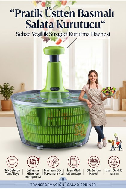 Pratik Üstten Basmalı Salata Kurutucu 26 cm Sebze Yeşillik Süzgeci Kurutma Haznesi BPA İçermez Sağlam Plastik 720894