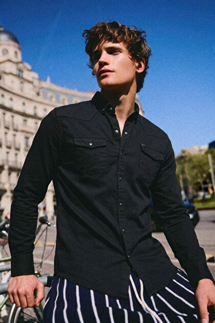 Slim Fit Çıtçıtlı Çift Cep Kot Gömlek