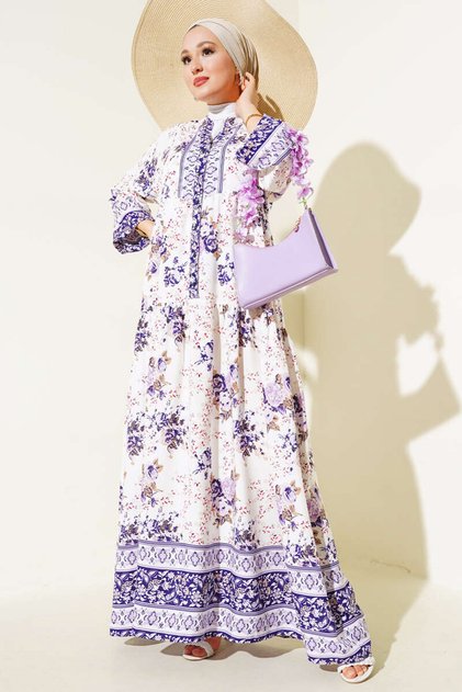 Women's Patterned Hijab Dress Purple 1010