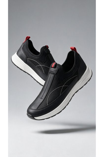 Erkek Günlük Slip-On Spor Ayakkabı Siyah Kırmızı Detaylı Bağcıksız Sneaker