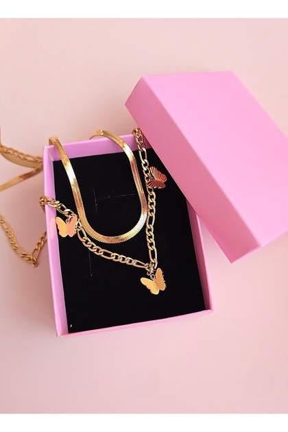 Gold Color 2-Piece Chain Butterfly Steel Necklace – Modern and Elegant Accessory-Snake Chain Steel Necklace