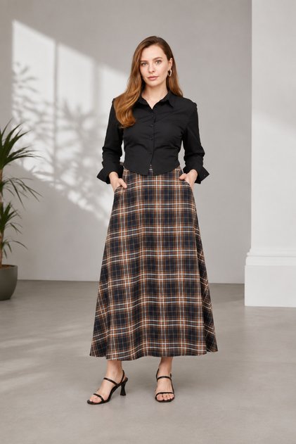 Women's Dark Brown Black Plaid Patterned High Waist Midi Skirt with Pockets