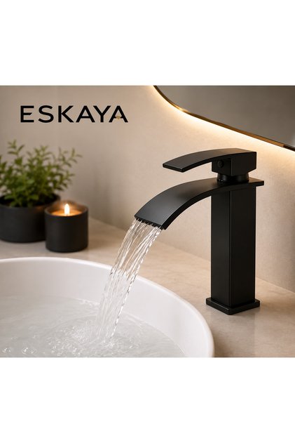 Eskaya Black Fixed Waterfall Type Washbasin Faucet Square Short Brass Body Single Lever Modern Bathroom Faucet