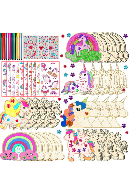 Multicolor 380Pcs Unicorn Wood Craft Set with 12Pcs Unicorn Wood, 354 Rhinestones, 12 Colored Pencil