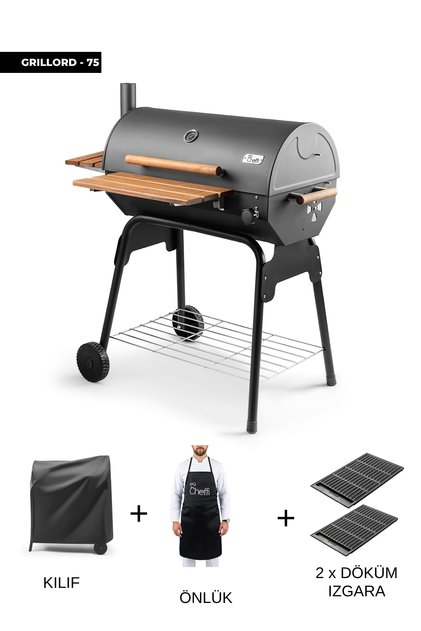 Grillord‑75 Kömürlü Barbekü (2 Adet Döküm Izgaralı) + Hediye Seti (Önlük + Kılıf )
