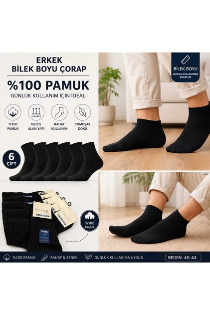 6 Pairs of Men's 100% Cotton Bootie Socks Black – Soft, Comfortable and Cozy