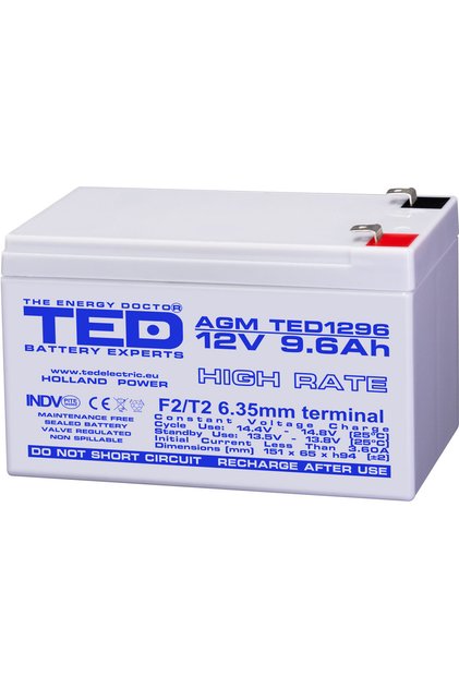Acumulator Staționar Etans AGM VRLA 12V 9.6A F2 T2 De Curent Ridicat, Dimensiuni 151mm x 65mm x h94mm
