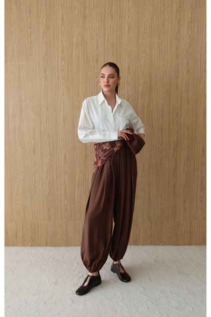 Shawl Detail Scarf-Shawl Trousers Brown