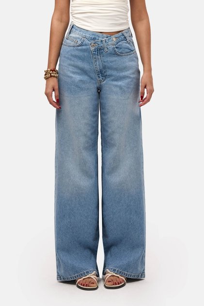Women's Denim Color 2S6-3 Palazzo Baggy Fit Belt Detailed Design Denim Jeans