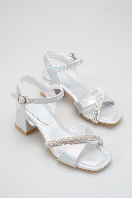 Silver Evening Dress with Stone Detail Comfortable Girls' Evening Dress with Stone & Piping Detail Silver Girls' Heeled Shoes