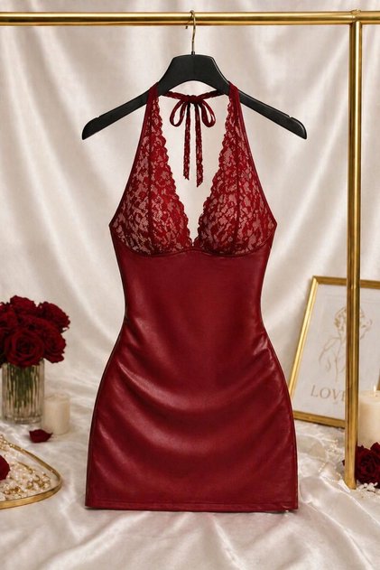 Wine Red Leather Look Lace Detailed Mini Dress