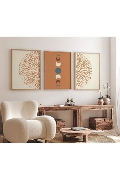 Moon Phases & Mandala - Boho Spiritual Minimalist Framed Mdf 3-Piece Set Painting
