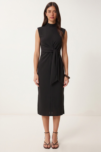 Padded Knitted Dress with Tie Detail Lub0335 Black