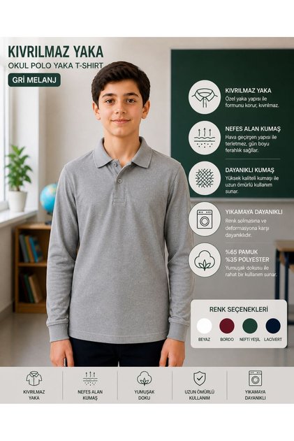 100% Cotton Polo Non-Curling Collar School T-Shirt Breathable Fabric Long Sleeve