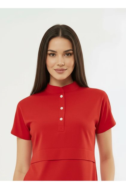 N O V a | Single Top Red Women's Lycra Judge Collar Half Snap Nurse and Doctor Uniform Scrubs