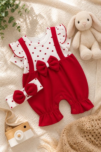Baby Girl Heart Patterned Set Cotton Bowknot Bandana 2-Piece Summer Baby Set