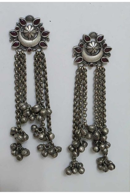 Kashmiri Oxidised Floral Tassel Long Dangler Earrings with Ghungroo Blue/Green/Pink