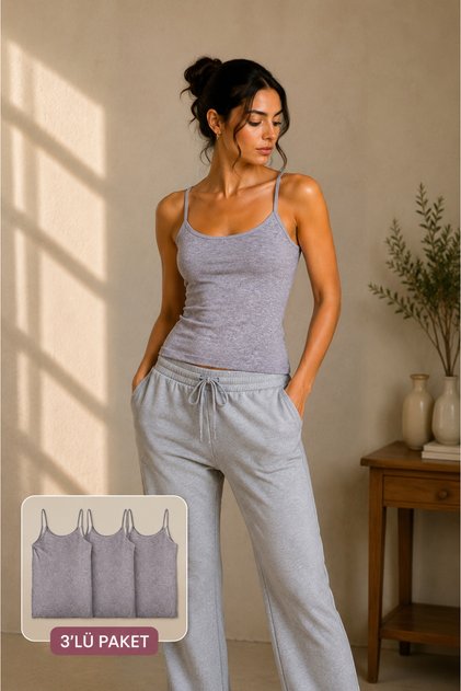 Gray Melange Cotton Thread Strap Ribbed Undershirt // Pack of 3