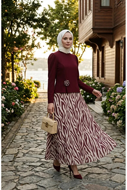 Rose Detailed Blouse Skirt Double Set 5645-04 Claret Red